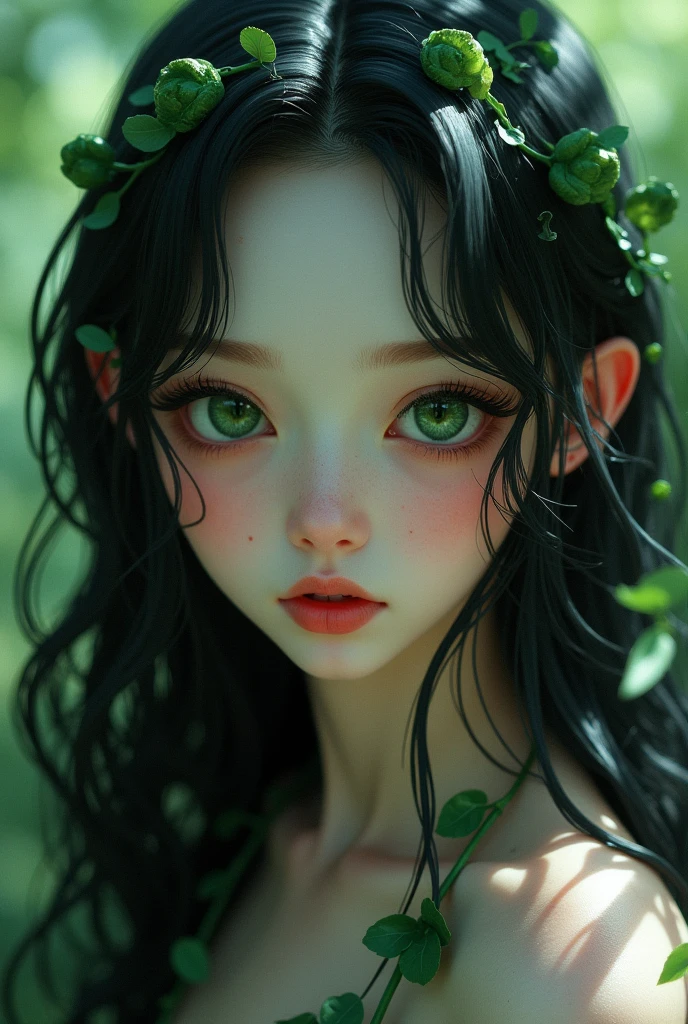 a young girl, from fantasy forld, she is queen of nature, she looks like a dream, she has stunning big deep green eyes that are so beautiful, her hair is jet black and its like darkness, her skin is pale like whitest snow, she is so pale that she looks almost sick but in beautiful way, she has babyface and big cheeks, she has small nose, she has small heart lips, when you look at her eyes you can see all the pain that world has, but she is strong, she is short and small, she is fit and cute