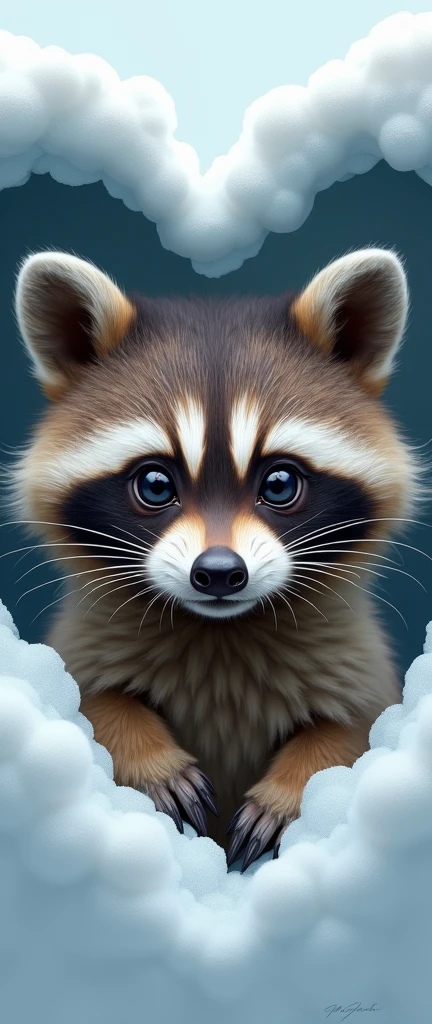 A captivating image of a baby raccoon, its wide, adorable eyes and playful yet slightly growling expression, evoking a sense of cuteness and vulnerability. The fluffy raccoon is nestled within a minimalistic, frozen heart shape in the background, creating a soft and emotional ambiance. The delicate balance of innocence, playfulness, and a hint of wildness makes this image heartwarming and endearing.