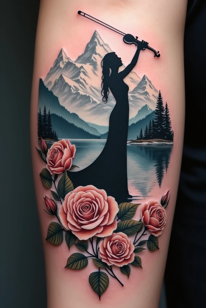 A tattoo for the forearm, containing a landscape of snowy mountains and a lake, with roses and a silhouette of a violinist