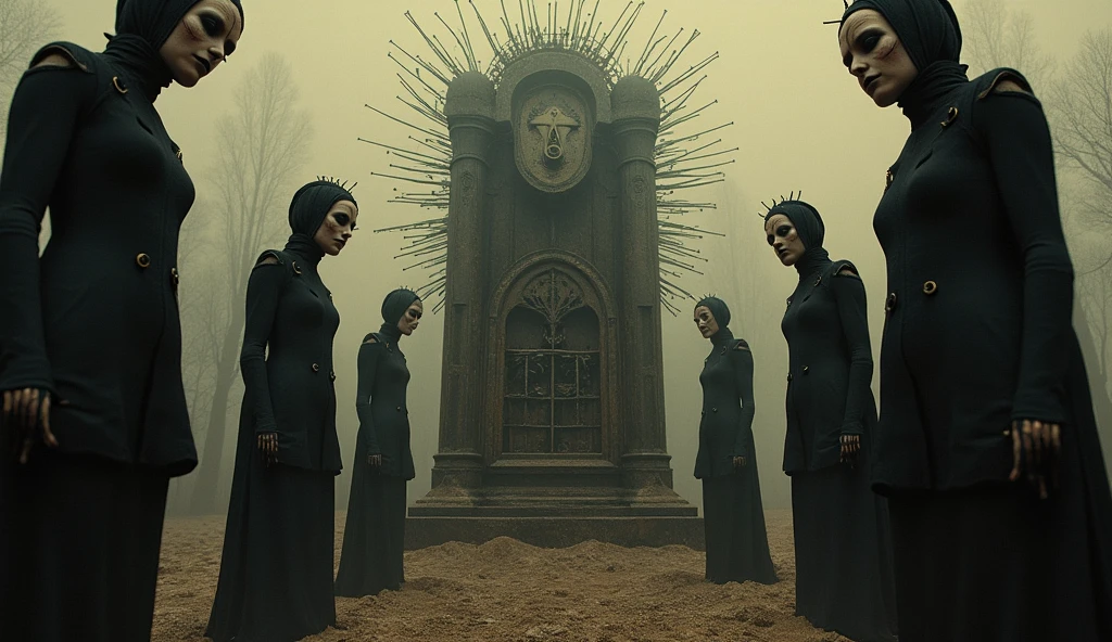 (Very old photograph only in sepia color), ((in full shot), (low-angle ground view,) a ((large LeMarchand Cube Puzzle as the central figure from the movie Hellraiser, surrounded by cenobitic female characters, black lipstick, scream and anger)), (black eyeball), symmetrical cut on the face, (dozens of nails in the head, frightened, horrified, terrified, insane, disgusting, disturbing, disturbing, Impactful, vintage, old film, (painting and surreal landscape (inspired by Zdzislaw Beksinski and Wayne Barlowe), director Fritz Lang credits, science fiction, dynamic composition, gritty textures, shadows and highlights, bright costumes, excitement and adrenaline, cosmic horror influences , sinister composition, macabre atmosphere, high contrast, deep shadows, mysterious atmosphere, vintage film grain effect, horror elements, retro film noir aesthetic, monochromatic color scheme, elements of suspense and mystery, of the mind Creative by Fritz Lang, eye-catching visuals, innovative visual effects, gripping plot, thrilling horror with a twist. photorealistic, cinematic film, Ultra detailed, RAW photo, cinematic, artstation style, concept art, masterpiece, 8k, black and white, realistic textures, 3D rendering