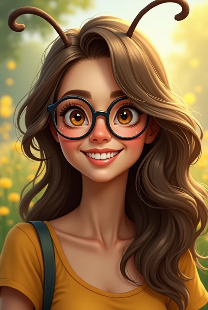 A bee woman with glasses and long wavy hair smiling with teeth 