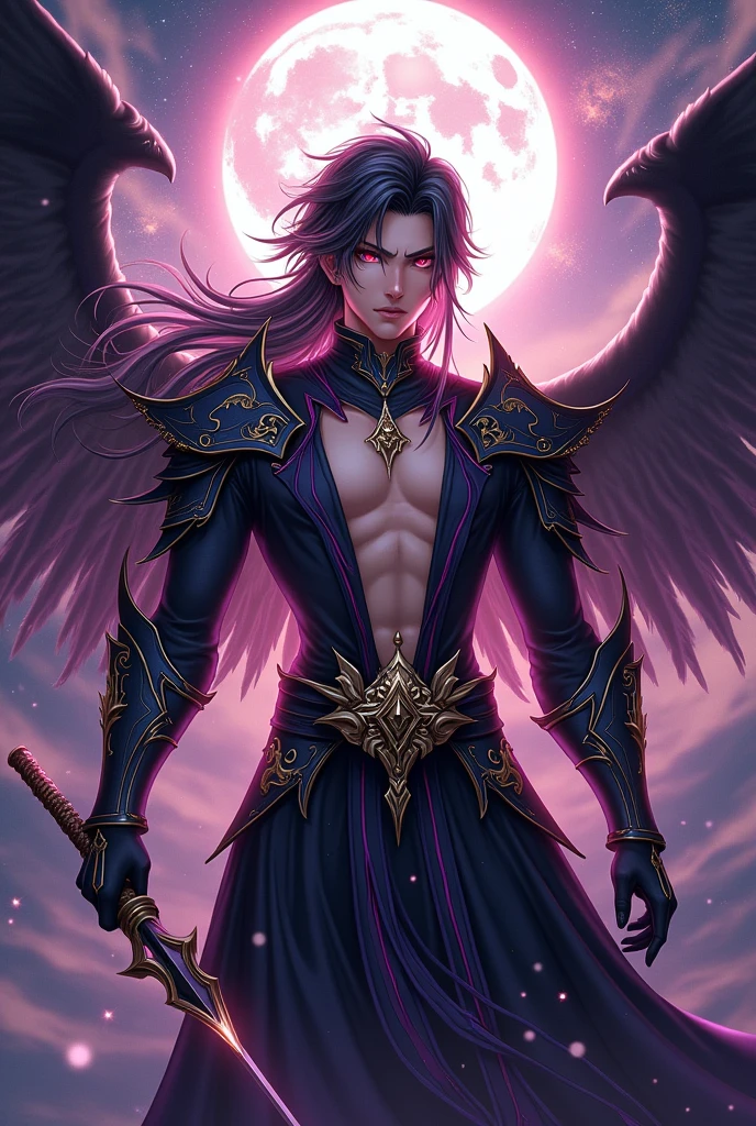 Handsome young xianxia protagonist,guy,man,long black with pink strand hair, Crimson red and pink eyes combination ,and long silver hair with pink undertone,and the golden rune motiv  scratched on his forehead,use armour featuring like God of evil  with black and  purple dominant color,pauldron protective shape like dragon head,breastplate featuring like azure dragon head,breastplate detailed azure dragon head shape,shoulder protective dragon shape like head red and blue,sun and moon and nebulae circling at the background,nebula destruction detail,the tassel of the armour like river of galaxy,open Abs, combination of black and purple dominant color,purple dominant color, purple dominant color armour,with majestic purple line ,held  halberd of abyss, And majestic black  wings at back,arch angle wings at back,terrifying aura around,24K ultra hd,face and eyes detail,lips and face detail,masterpiece ,better quality 