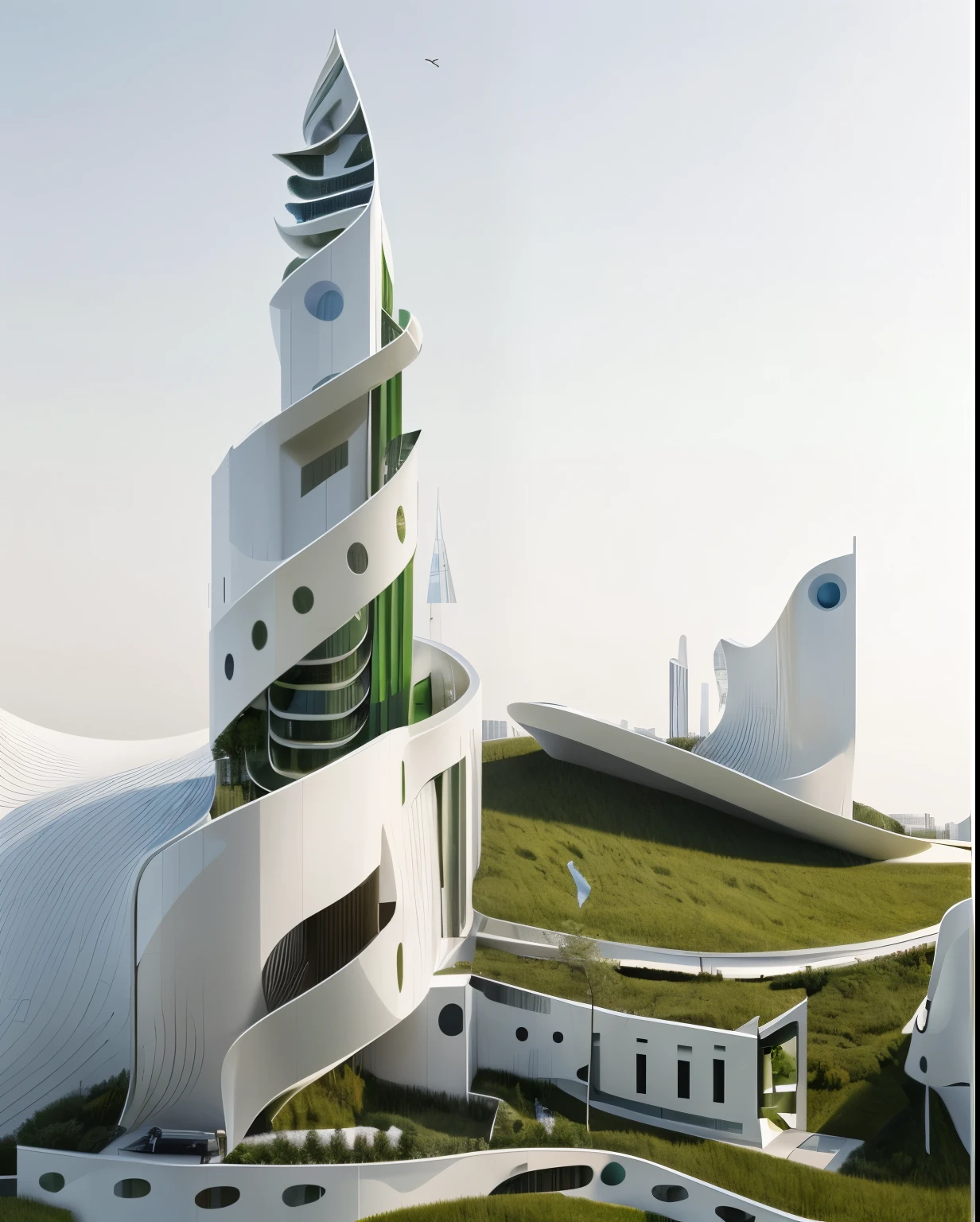 polished architectural render, flawless Building by zaha hadid, , in a green meadow, small buildings behind, final render, perfect, functional parts, painted concrete shell