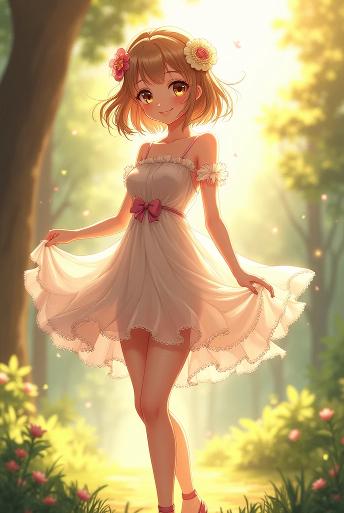 Ultra high quality，High heel，Short skirt，Smile，Sunlight，Transparent dress，Wear flowers on your head，School Belle，charming，Ribbon