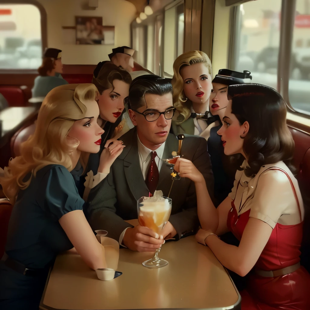 there is several women sitting at a table, retro 1940s diner, women and one man with a drink, a man in a suit, a nerdy man with a bewildered look on his face, surrounded by beautiful women, diner scene, in a classic 4 0 s diner, in classic diner, at a 4 0 s diner, 4 0 s style, 40s style, retro 4 0 s war-era style, nostalgic atmosphere, by Wayne England, diner, inspired by Jerry Schatzberg, Life Magazine
