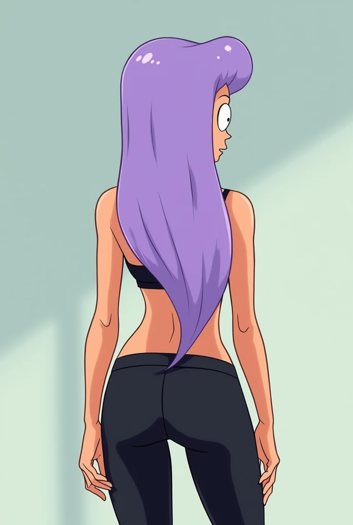 A girl that looks like Leela from futurama wearing black yoga pants with her back to me