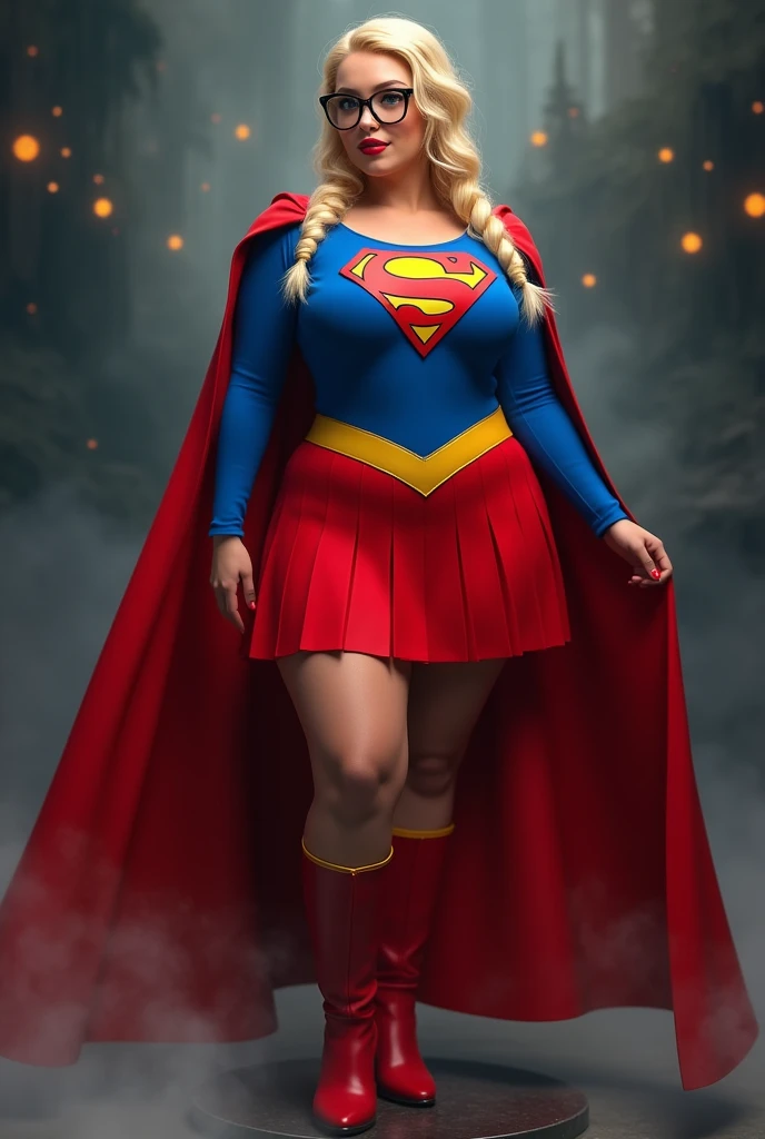 A SEXY AND BUSTY FEMALE WITH BLONDE BRAIDED HAIR AND GLASSES WEARING A 1984 BLUE SUPERGIRL COSTUME COMEPLETE WITH A LONG READ PLEATED SKIRT WITH A YELLOW SUPERGIRL BELT, A PAIR OF RED HEELED BOOTS WITH YELLOW TRIM, AND A LONG FLOWING RED CAPE WITH THE GOLD "S" EMBLEM. RED LIPSTICK, RED FINGERNAILS. INCREDIBLY DETAILED GLOWING SKIN, INCREDIBLEY DETAILED FACE, INCREDIDBLEY DETAILED CLOTHING, TEXTURED SKIN PORES, TEXTURED HAIR, 8K ABSURD RESOLUTION, MASTERPIECE. PHOTO REALSITIC, HYPER REALISTIC. MYSTICAL BACKGROUND. 16K RESOLUTION. PREFESSIONAL GRADE IMAGE.
