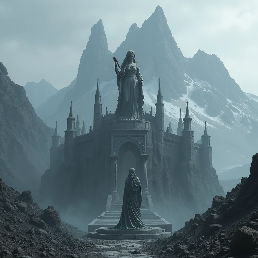 Make me an ultra realistic image. Background of mountains and volcanoes. Create a grayish-colored fortress. Create a statue of a woman holding a harp behind the fortress. magic pen. Pointed towers in the background.