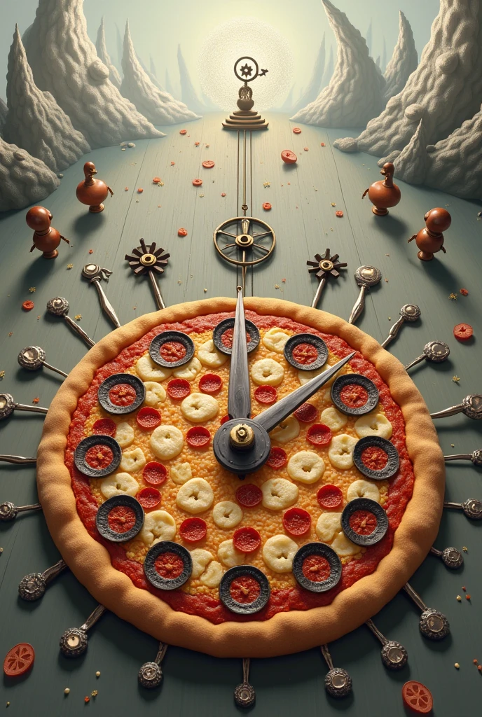 Create an image of a pizza with clock hands 