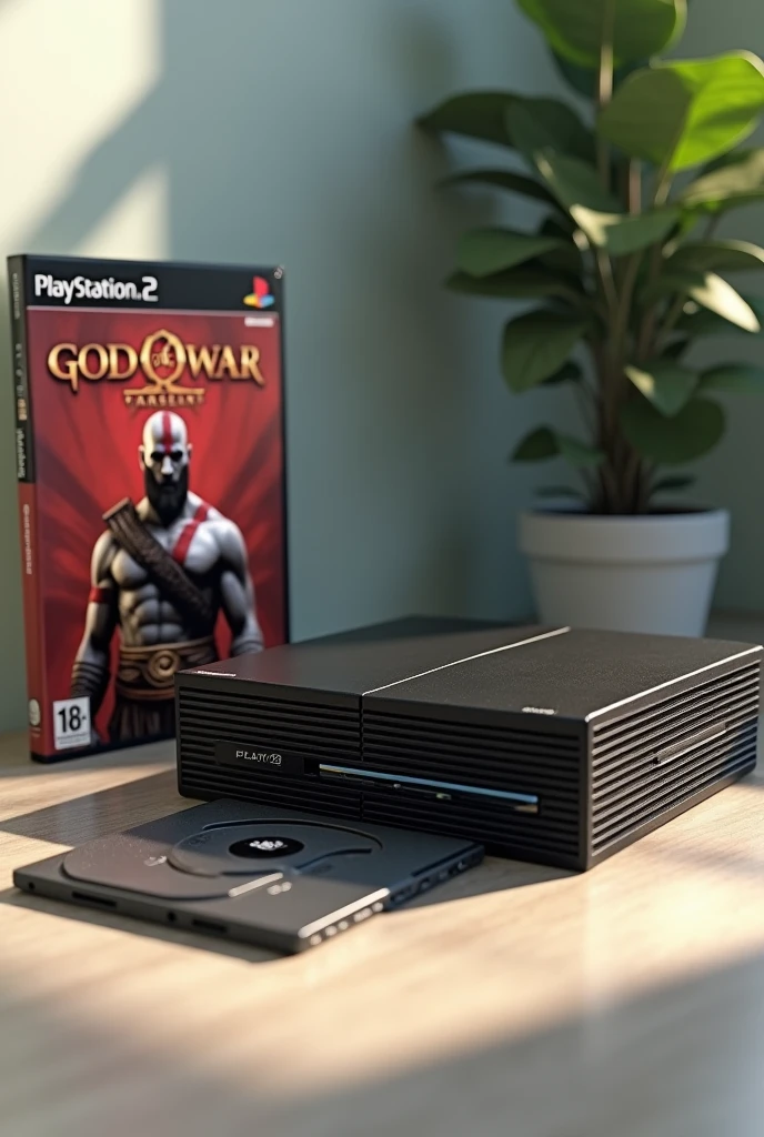 Create a realistic and detailed image of a PlayStation 2 console, with a God of War game (1st edition) from beside. The PS2 must be in its classic configuration, with the disk drive visible and the Sony logo highlighted. The God of War game must be in its original box, with the cover showing Kratos in an epic pose, with its distinctive look and clearly legible game title. The console and game box should be on a neutral, well-lit surface., to highlight the design and details of the items.