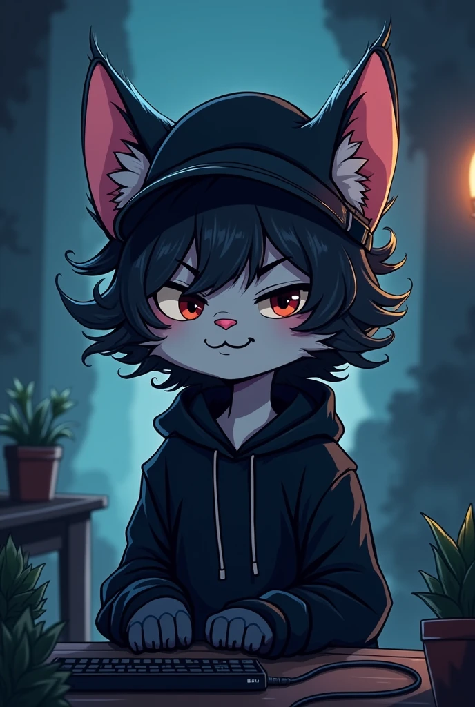 A cartoon image of a teenage boy cat curly hair with bangs YouTube gloomy at night with mouth covered wearing black eye color outfit Smiling Gamer with Hat for cold