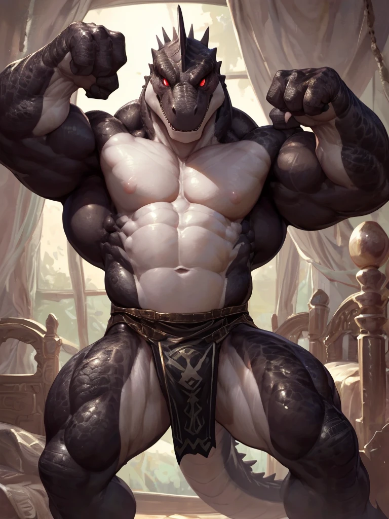 solo, anthro, furry male, ultra details, T-Rex, ((ultra detailed muscles)), (T-Rex print), black scales, white belly, black spiny scales, bedroom, standing up, muscle pose, front double biceps pose, bodyguard outfit, black claws, red eyes, slit eyes, slim fit, muscular slim, menacing, handsome, flirt, ultra detailed slit eyes, pecs, hind leg, tail, looking at viewer, (Masterpiece, by null-ghost, ultra hi-res, 8k), naked torso , black loincloth, front pov.
