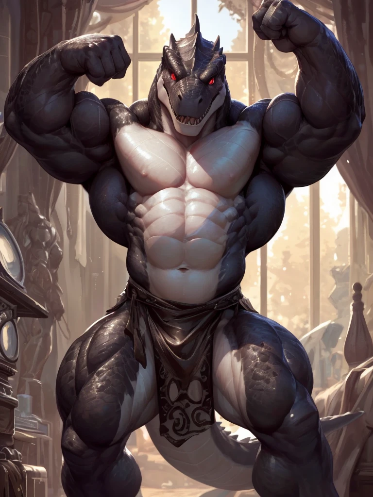 solo, anthro, furry male, ultra details, T-Rex, ((ultra detailed muscles)), (T-Rex print), black scales, white belly, black spiny scales, bedroom, standing up, muscle pose, front double biceps pose, bodyguard outfit, black claws, red eyes, slit eyes, slim fit, muscular slim, menacing, handsome, flirt, ultra detailed slit eyes, pecs, hind leg, tail, looking at viewer, (Masterpiece, by null-ghost, ultra hi-res, 8k), naked torso , black loincloth, front pov.