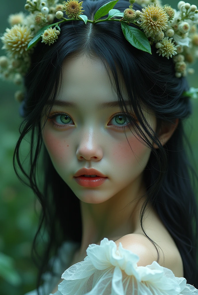 1 girl, from fantasy forld, she is queen of nature, she looks like a dream, she has stunning big deep green eyes that are so beautiful, her hair is jet black and its like darkness, her skin is pale like whitest snow, she is so pale that she looks almost sick but in beautiful way, she has babyface and big cheeks, she has small nose, she has small heart lips, when you look at her eyes you can see all the pain that world has, but she is strong, she is short and small, she is fit and cute