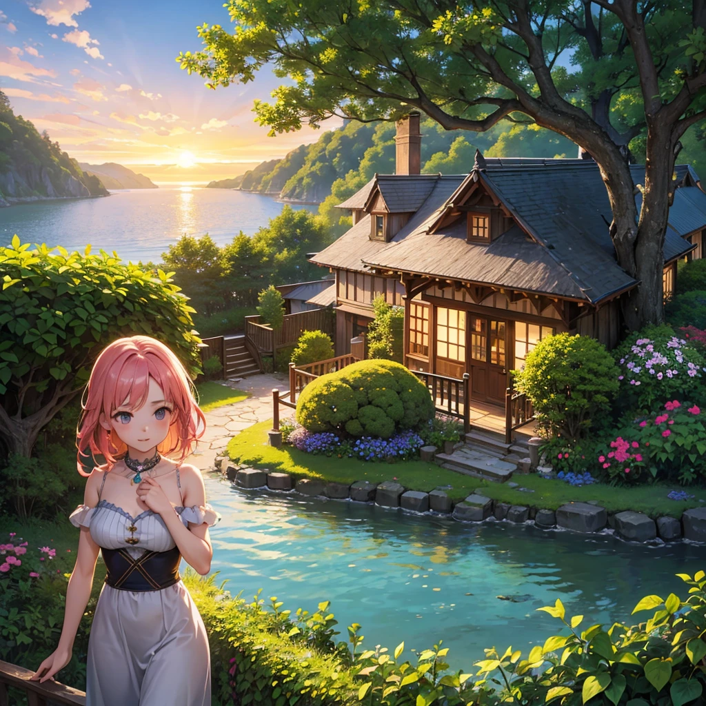 Picture a charming, ivy-covered cottage nestled between a dense, enchanted forest and a sparkling beach. The cottage is built from ancient, weathered stones, with wooden balconies overflowing with potted plants and flowers. The forest behind it teems with magical creatures, and the beach is dotted with smooth, glowing stones that emit a soft, ethereal light. The sky is painted in a gradient of warm, sunset hues, and the scene is rendered in ultra-detailed color art. This enchanted coastal retreat feels like it was plucked straight from a Studio Ghibli film.
