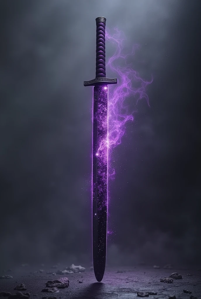 Galaxy purple-black katana with black hole aura on grey background