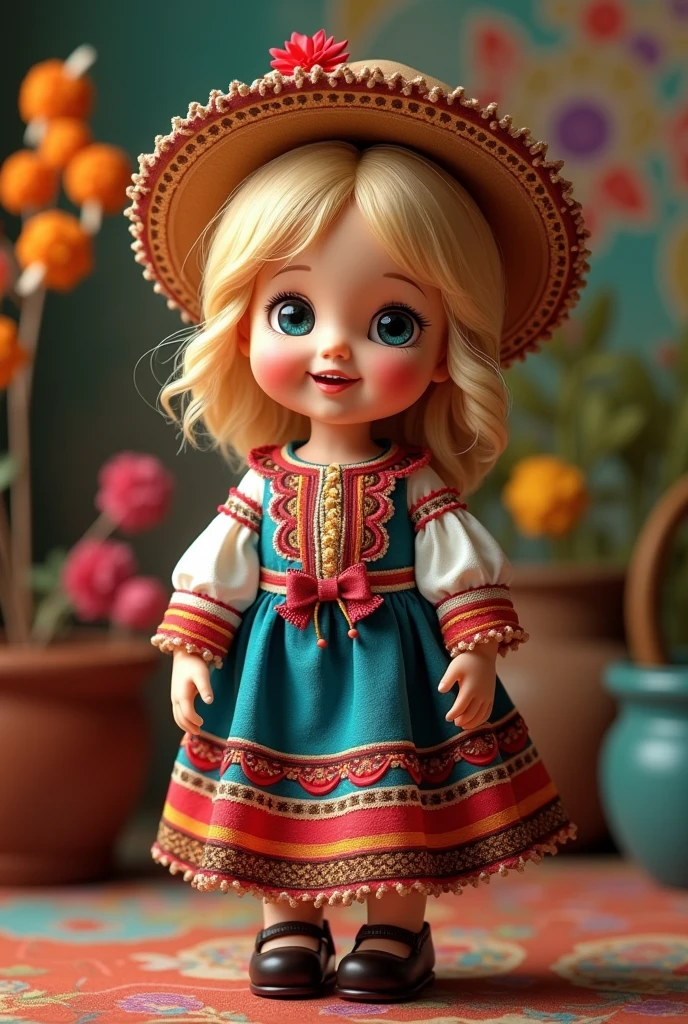 Little doll with Mexican national holiday clothing, smiling blonde, blue eyes, named Lourdes