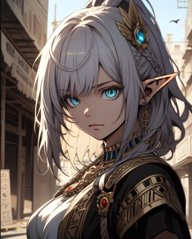 ((Best quality, 8k, Masterpiece :1.3)), young elf woman,  Bangs, sidelock, Braid, silver hair, bright eyes, egypt concept, Egyptian clothing, big breast, Ornate bracelet, with an egyptian embroidered, white dress, sweet expression,perfect face, detailed eyes, arches, middle east egyptian town, dynamic composition, craig mullins, (dynamic angle), (depth of field:1.2), intricate insanely detailed,sharp focus,aestheticism,art by Artgerm, by wadim kashin, by Kawacy, by Yusuke Murata