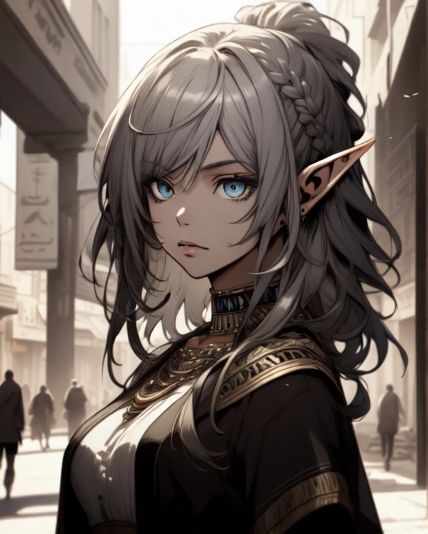 ((Best quality, 8k, Masterpiece :1.3)), young elf woman,  Bangs, sidelock, Braid, silver hair, bright eyes, egypt concept, Egyptian clothing, big breast, Ornate bracelet, with an egyptian embroidered, white dress, sweet expression,perfect face, detailed eyes, arches, middle east egyptian town, dynamic composition, craig mullins, (dynamic angle), (depth of field:1.2), intricate insanely detailed,sharp focus,aestheticism,art by Artgerm, by wadim kashin, by Kawacy, by Yusuke Murata