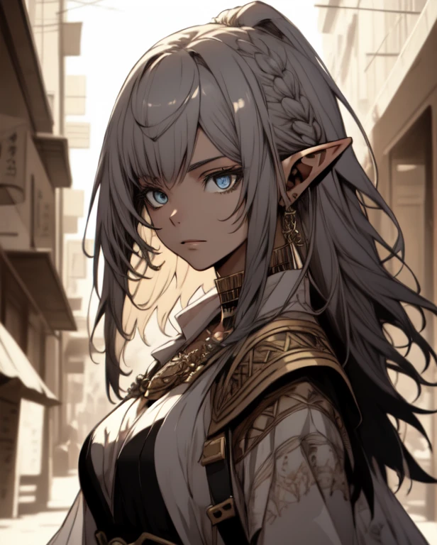 ((Best quality, 8k, Masterpiece :1.3)), young elf woman,  Bangs, sidelock, Braid, silver hair, bright eyes, egypt concept, Egyptian clothing, big breast, Ornate bracelet, with an egyptian embroidered, white dress, sweet expression,perfect face, detailed eyes, arches, middle east egyptian town, dynamic composition, craig mullins, (dynamic angle), (depth of field:1.2), intricate insanely detailed,sharp focus,aestheticism,art by Artgerm, by wadim kashin, by Kawacy, by Yusuke Murata