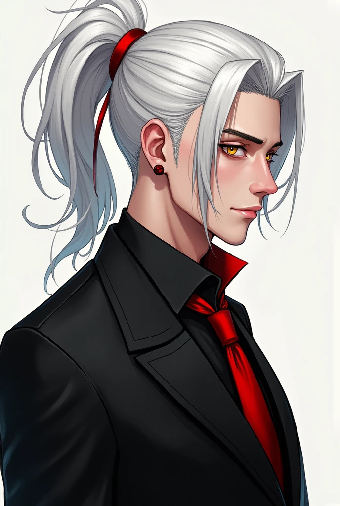 adult boy, white hair, High ponytail, gold eyes, black suit with red elements, masterpiece, high quality