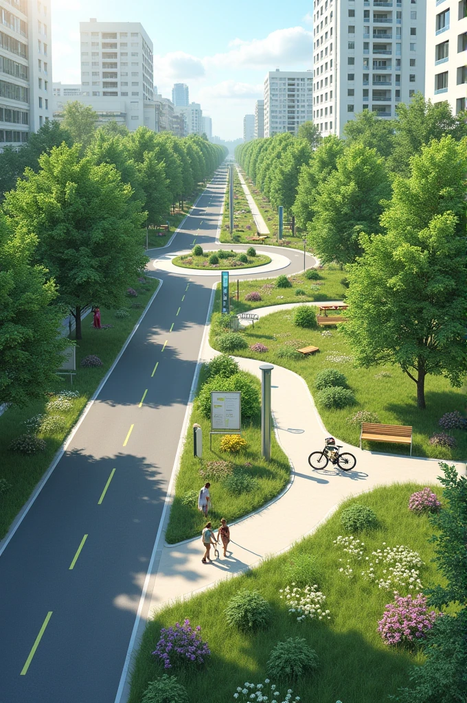 Resilient city with a bicycle street as an avenue with many trees. To the right is a meandering path with information boards, meadow, a barbecue area, Bushes, benches, a kiosk, barrier-free toilet, Floral, a roundabout with water and a rain garden next to the bicycle lane