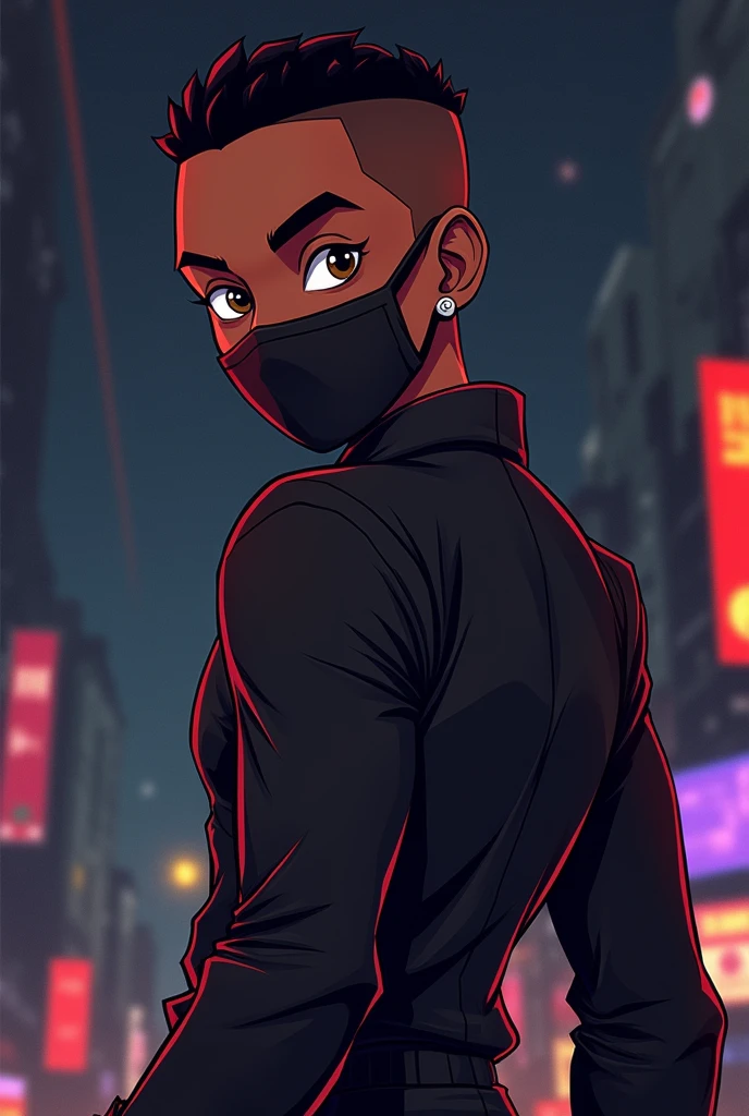 Make a light-skinned black character wearing a mask covering the mouth but not covering the eye, with his back turned and looking over his shoulder in a cartoon style with a hardtrap album cover theme.