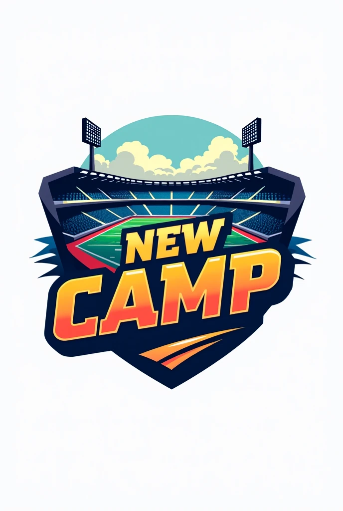 Create a logo with the word "NEW CAMP". Include a football stadium as a central element, highlighting it in the design. The logo must have a modern and dynamic style, with vibrant colors and a bold, legible font for "NEW CAMP". Design must capture the energy and emotion of the sport.