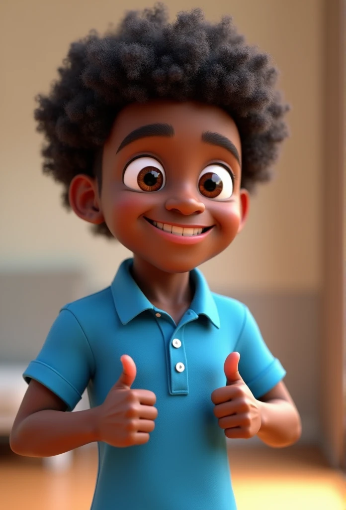 Cartoon character of a young man with dark skin and curly hair in a blue shirt, an animated character, stylized character, animation style rendering, 3d stylized, Arnold Maya rendering, Stylized 3D rendering, toon render screenshot, 3d character, 3d character, Stylized 3D rendering, 3D character rendering, cartoon character, Personagem de close up, character posing, (Pixar-style) (master part:1.2) (bokeh) (best qualityer) (skin detailed) (detailed texture) (8k) (Argilla) (cinematic lighting) (sharp focus,standing making a thumbs up sign with both hands