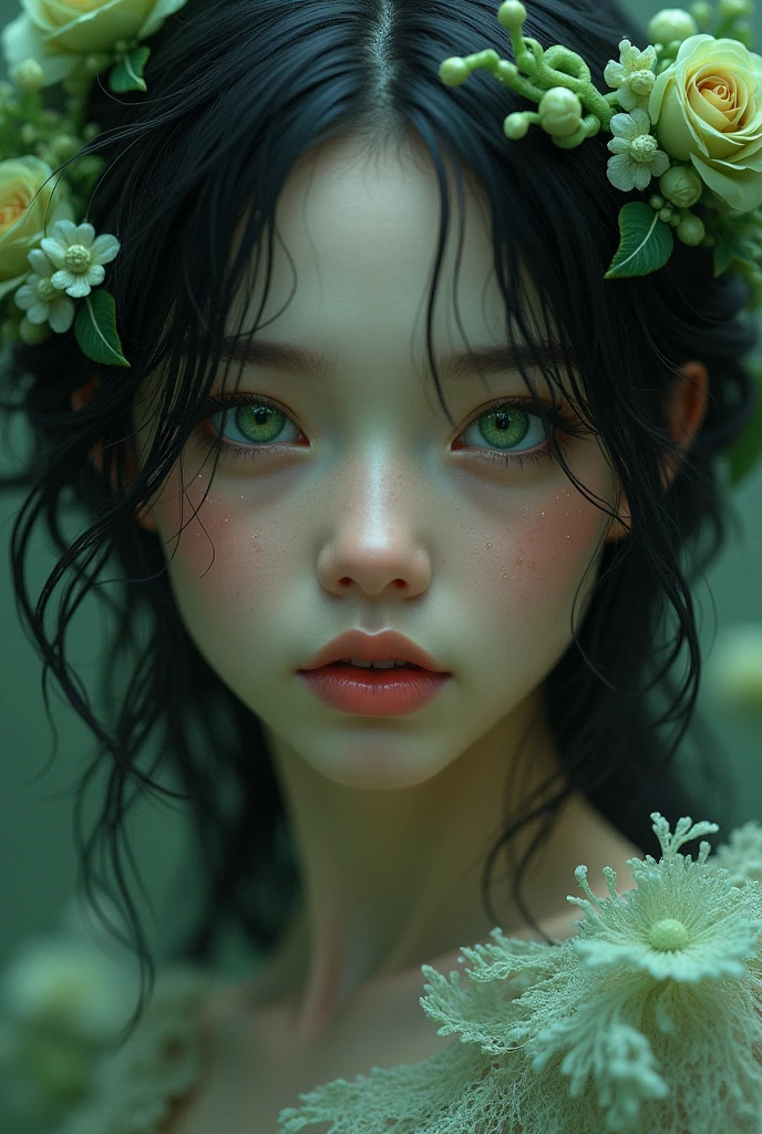 1 girl, from fantasy forld, she is queen of nature, she looks like a dream, she has stunning big deep green eyes that are so beautiful, her hair is jet black and its like darkness, her skin is pale like whitest snow, she is so pale that she looks almost sick but in beautiful way, she has babyface and big cheeks, she has small nose, she has small heart lips, when you look at her eyes you can see all the pain that world has, but she is strong, she is short and small, she is fit and cute