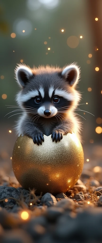 A captivating 3D render of a fluffy baby raccoon, or Kawai, hatching from a striking platinum egg. The raccoon's eyes are filled with curiosity as its tiny paws are ready to explore the world. The egg is surrounded by mesmerizing diamond and gold sparkles, creating a magical atmosphere. In the background, a bokeh effect with glowing lights and sparkles enhances the dark fantasy theme. The composition is vibrant, detailed, and cinematic, capturing the essence of a joyful and enchanted moment., 3d render, photo, portrait photography, cinematic, dark fantasy