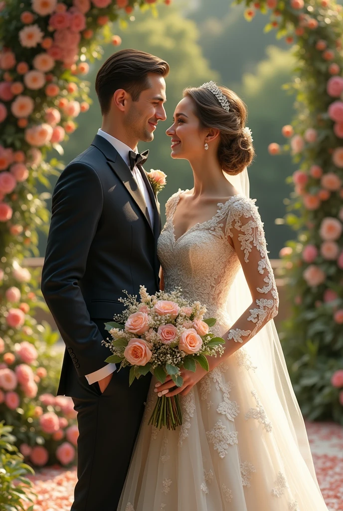 realistic photography, masterpiece, best quality, high resolution, 1 bride and groom, detailed wedding dress, elegant bride, handsome groom, romantic couple, stunning wedding ceremony, beautiful bouquet, lush garden background, dreamy lighting, warm color palette, intricate floral arrangements, luxurious wedding decor, photorealistic, cinematic lighting