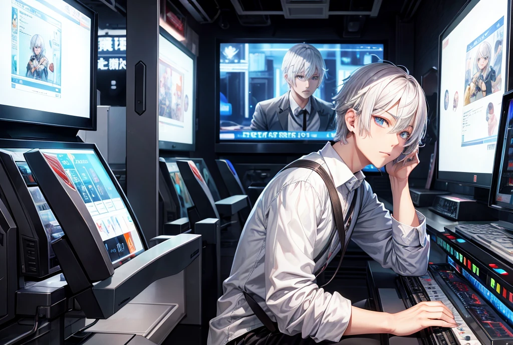 Silver Hair Short、Man with slanted eyes、Playing on a gaming machine