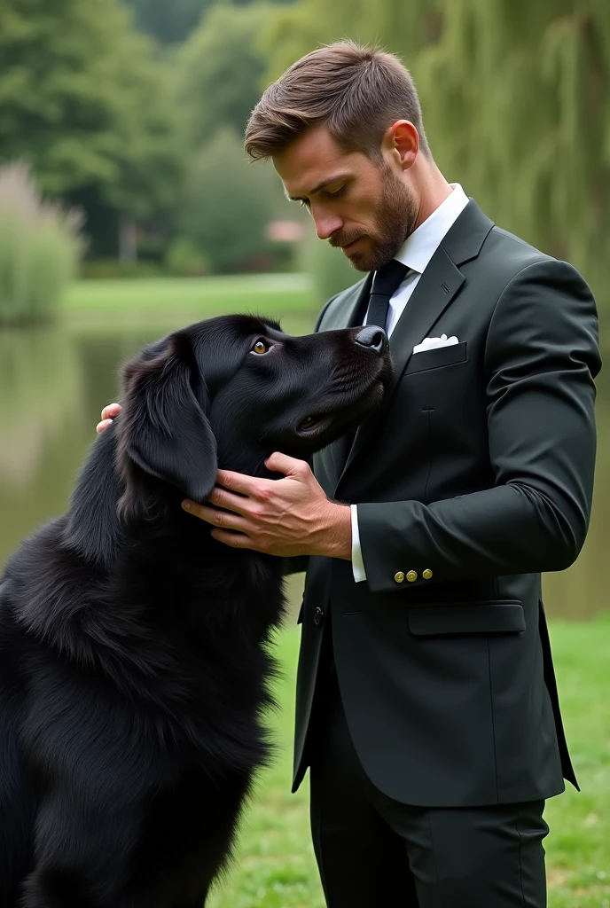Images of a tall handsome man with green eyes wearing a nice suit petting a big black dog