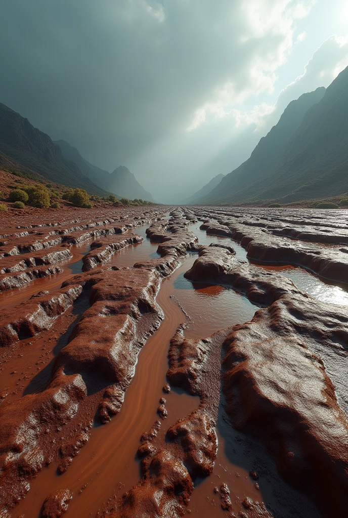 an earthen landscape, after a long rain, which left it wet, muddy and soaked, presenting an unparalleled level of realism, with every scale, fold and texture meticulously rendered in ultra-high definition , evoking a sense of tangible, realistic presence, set against a neutral, gradient-free background that allows the viewer's focus to remain fixed, captured in a photorealistic portrait at 8k resolution, utilizing cutting-edge Unreal Engine 5 technology to produce an image of Unparalleled fidelity, with a 4:9 aspect ratio and quality setting 2, scaled to 1000 pixels.