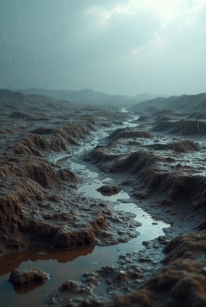 an earthen landscape, after a long rain, which left it wet, muddy and soaked, presenting an unparalleled level of realism, with every scale, fold and texture meticulously rendered in ultra-high definition , evoking a sense of tangible, realistic presence, set against a neutral, gradient-free background that allows the viewer's focus to remain fixed, captured in a photorealistic portrait at 8k resolution, utilizing cutting-edge Unreal Engine 5 technology to produce an image of Unparalleled fidelity, with a 4:9 aspect ratio and quality setting 2, scaled to 1000 pixels.