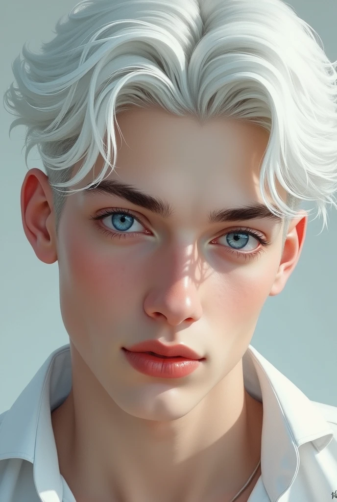 A white gorgeous face dark blue eyes white hairs a young male