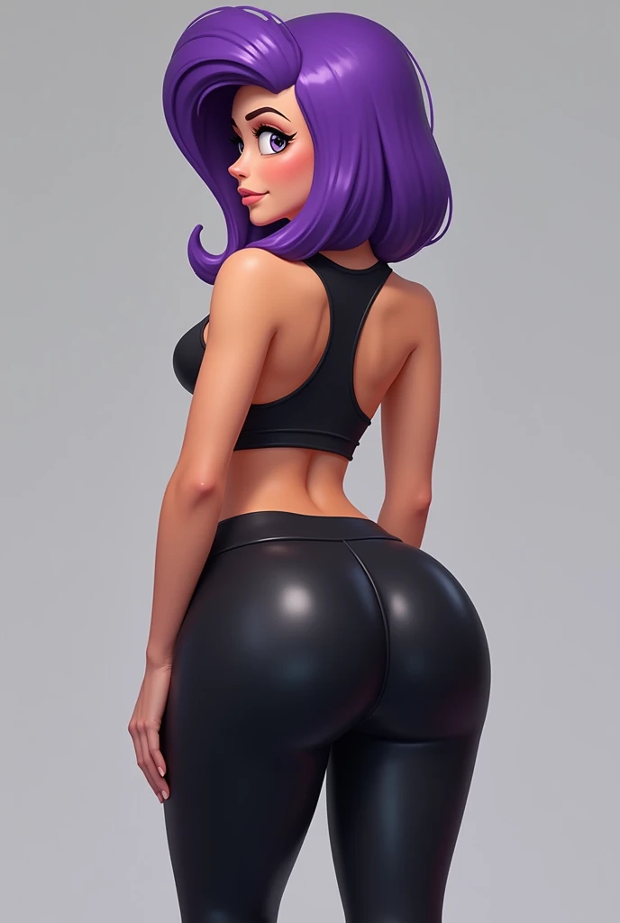A girl that looks like Leela from futurama wearing black yoga pants and a plump ass with her back to me