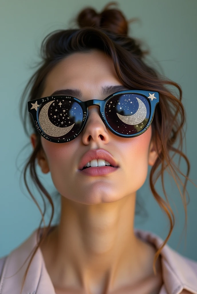The model is wearing glass sunglasses with stars and the moon on the glass