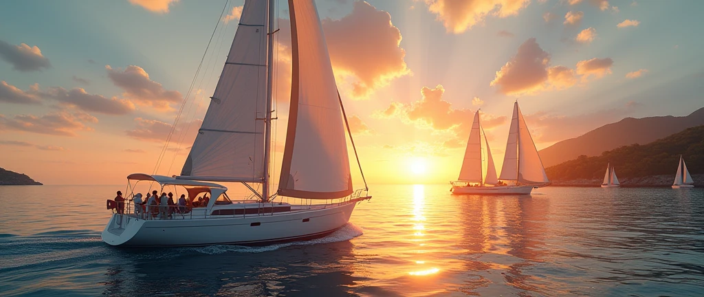 Large white sailing yacht, sails filled with wind, happy people on the yacht, the captain is steering the yacht, in the background is a bright sun at sunset, the sun is reflected in the water, the sun's reflection on the water, the sails are reflected in the water, shine, sparks, splashes. In the background are six large yachts, people on yachts, sails filled with wind, some yachts are standing, yachts are parked near the embankment, in the background is the seashore, yachts are parked, a picturesque embankment line. High quality, clear detail, high resolution, masterpiece, high-quality photo, anime, Romanticism, sparkle, god rays, backlighting, UHD, masterpiece, accurate, super detail, high details, high quality, best quality, highres, 1080P, HD, 4K, 8k, 16k, wide shot, from above, atmospheric perspective, panorama, perspective