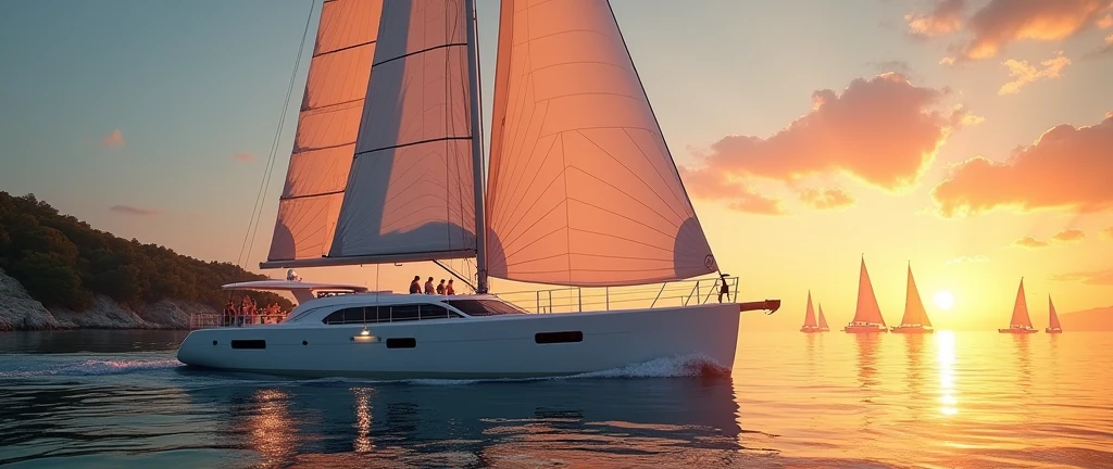 Large white sailing yacht, sails filled with wind, happy people on the yacht, the captain is steering the yacht, in the background is a bright sun at sunset, the sun is reflected in the water, the sun's reflection on the water, the sails are reflected in the water, shine, sparks, splashes. In the background are six large yachts, people on yachts, sails filled with wind, some yachts are standing, yachts are parked near the embankment, in the background is the seashore, yachts are parked, a picturesque embankment line. High quality, clear detail, high resolution, masterpiece, high-quality photo, anime, Romanticism, sparkle, god rays, backlighting, UHD, masterpiece, accurate, super detail, high details, high quality, best quality, highres, 1080P, HD, 4K, 8k, 16k, wide shot, from above, atmospheric perspective, panorama, perspective