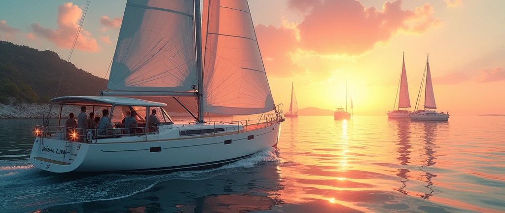 Large white sailing yacht, sails filled with wind, happy people on the yacht, the captain is steering the yacht, in the background is a bright sun at sunset, the sun is reflected in the water, the sun's reflection on the water, the sails are reflected in the water, shine, sparks, splashes. In the background are six large yachts, people on yachts, sails filled with wind, some yachts are standing, yachts are parked near the embankment, in the background is the seashore, yachts are parked, a picturesque embankment line. High quality, clear detail, high resolution, masterpiece, high-quality photo, anime, Romanticism, sparkle, god rays, backlighting, UHD, masterpiece, accurate, super detail, high details, high quality, best quality, highres, 1080P, HD, 4K, 8k, 16k, wide shot, from above, atmospheric perspective, panorama, perspective