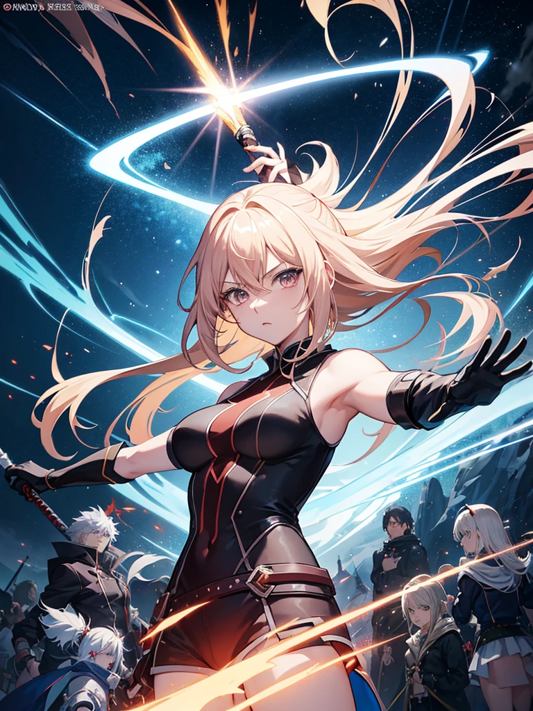 anime character with lightning bolt in hand standing in front of a group of people, epic anime style, 4 k manga wallpaper, otaku gangasta, tower of god, bleach manga style, detailed fanart, badass anime 8 k, striking manga artstyle, anime wallaper, by Shingei, high quality anime artstyle, wielding a magical sword, demon slayer artstyle