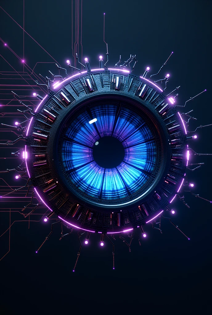 Design a central futuristic eye with intricate glowing circuitry and a bright, neon blue or purple iris. Include subtle light reflections and a high-tech appearance.