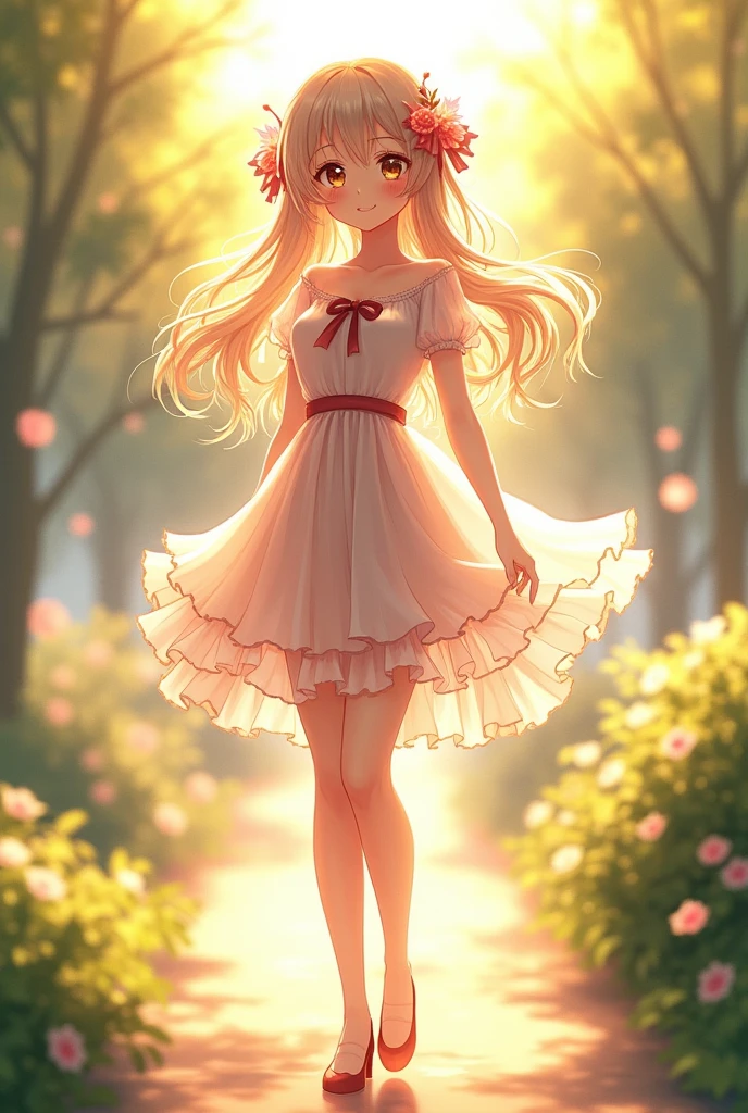 Ultra high quality，High heel，Short skirt，Smile，Sunlight，Transparent dress，Wear flowers on your head，School Belle，charming，Ribbon