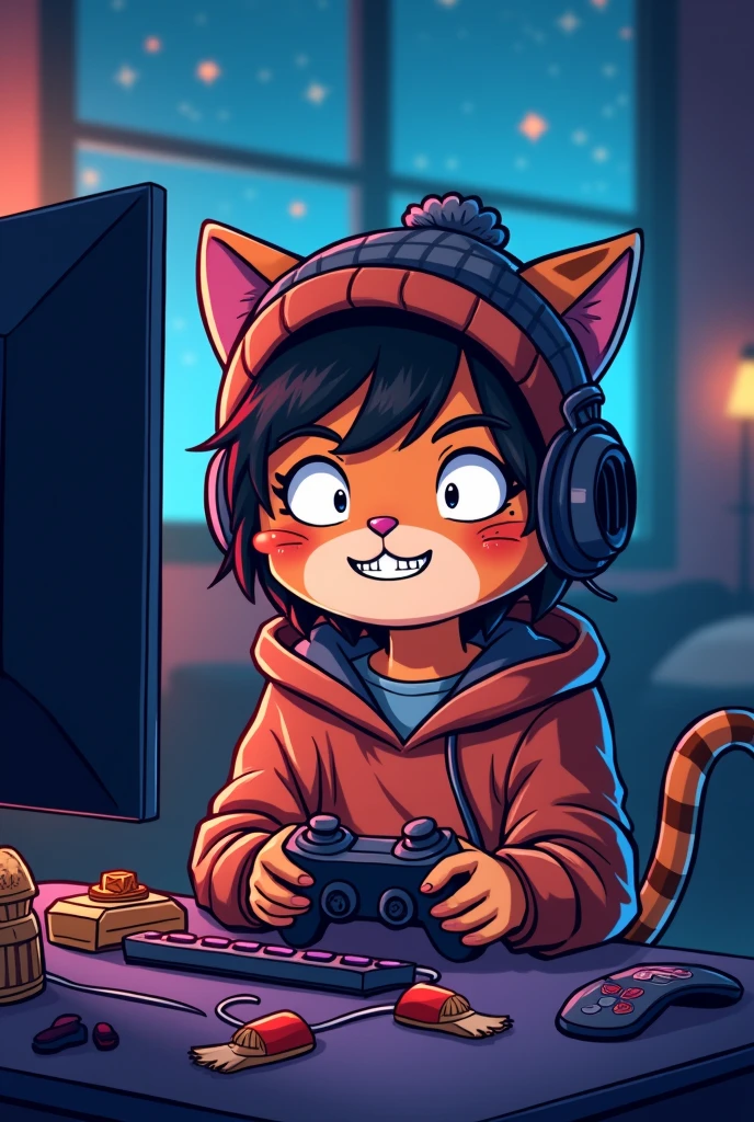 A cartoon image about a cat teenager boy on YouTube at night with his mouth covered with black eye color outfit smiling gamer with hat for cold weather
