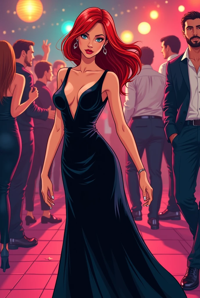 comic toons, 1 girl, thin, tall, light foot, long hair, waist-length hair, red hair, blue eyes, lined eyelids, piercing on the right ear, black dress, long dress, elegant dress, v-neck dress , full body, walking with elegance, party room