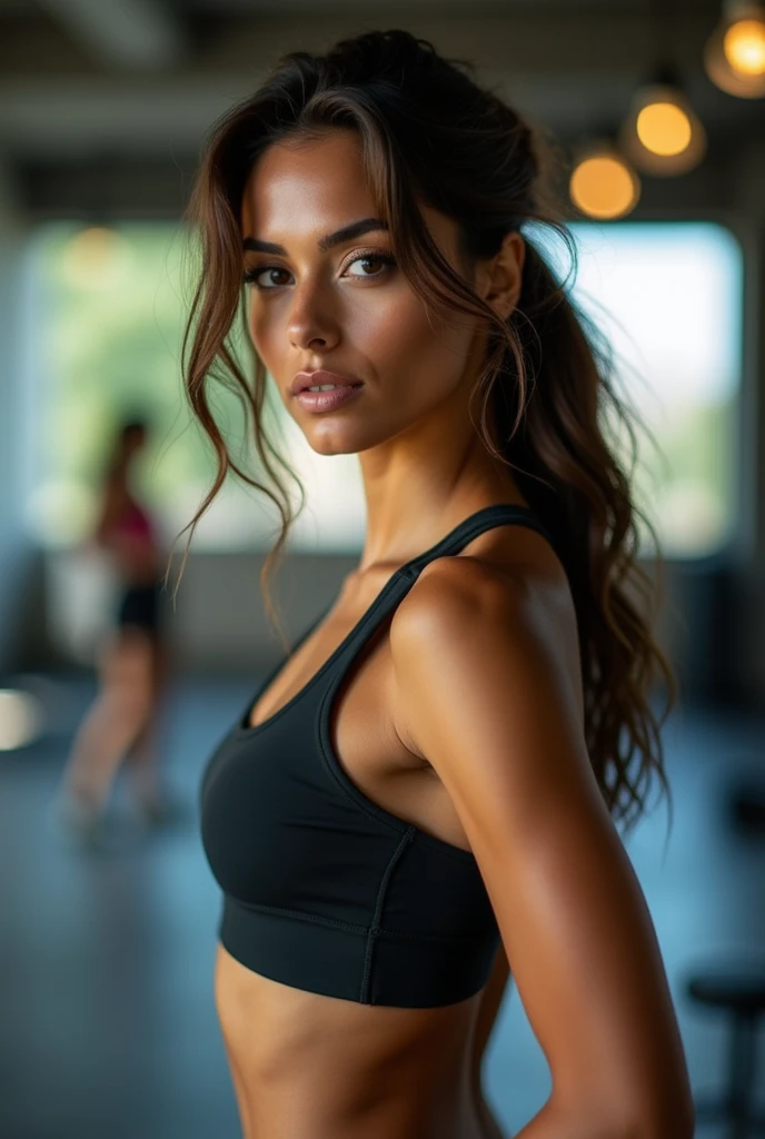 Create image Brazilian woman light brunette strong and delicate face dark brown eyes high performance training, personal development and extra income 
