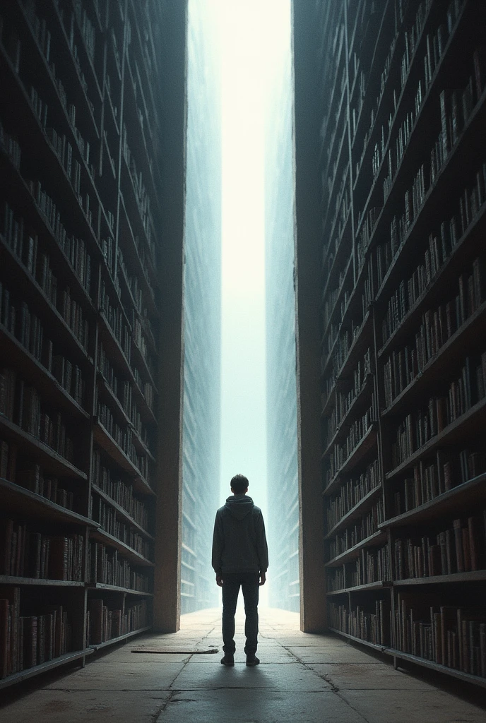 An open door in an endless library, whose shelves full of books reach to infinity. There is a person standing in front of the door, that looks into the distance, symbolic of the infinite possibilities of knowledge and the limitations of our understanding.