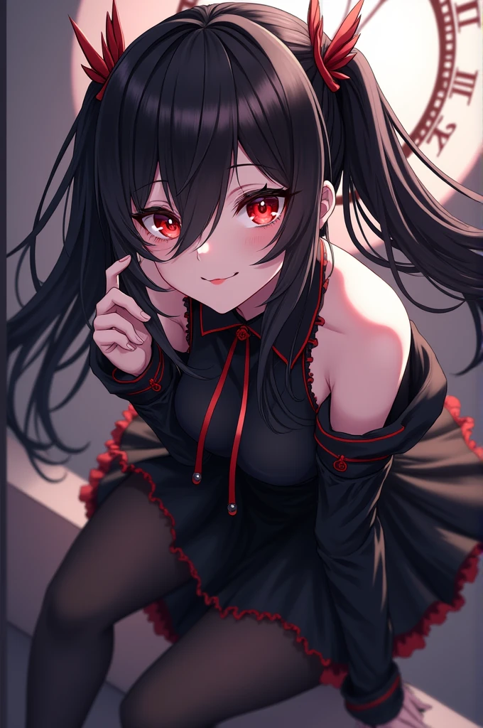 Black Time Saki, Tokisaki Kurumi, (Clock Eye:1.5), Black Hair, Long hair, Double tail, (Hair covering one eye:1.3), (Red Eyes:1.5), (Medium breasts:1.4), Smile, Gothic, Pantyhose, black Pantyhose, (Cowboy shooting:1.5),(masterpiece:1.2), best quality, high resolution, Unity 8K wallpaper, (illustration:0.8), (Beautiful and delicate eyes:1.6), Extremely detailed face, Perfect lighting, Extremely detailed CG, (Perfect hands, Perfect anatomical structure), Lovely message